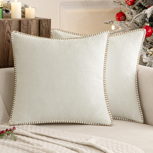 MIULEE Pack of 2 Christmas Pillow Covers 18x18 Inch Pure White Farmhouse Decorative Throw Pillow Covers with Stitched Edge Soft Chenille Solid Dyed Couch Pillow Covers for Sofa Bed Living Room