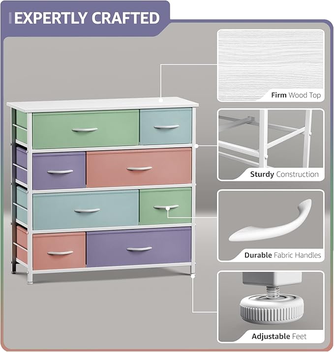 Sorbus Dresser with 8 Drawers - Furniture Storage Chest for Kid’s, Teens, Bedroom, Nursery, Playroom, Clothes, Toys - Steel Frame, Wood Top, Fabric Bins (Pastel)