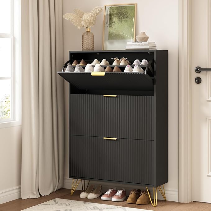 Shoe Cabinet with 3 Flip Drawers Narrow, Fluted Black Shoe Cabinet Storage for Entryway Slim, Hidden Shoe Storage Cabinet, Modern Freestanding Shoe Rack Organizer for Entryway, Black
