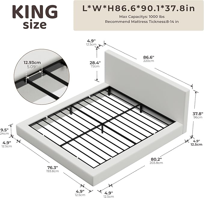 RECCI Cloud Upholstered King Bed Frame with Headboard, 5 Inch Foam Padded Platform, No Box Spring, Easy Assembly (Snow White)