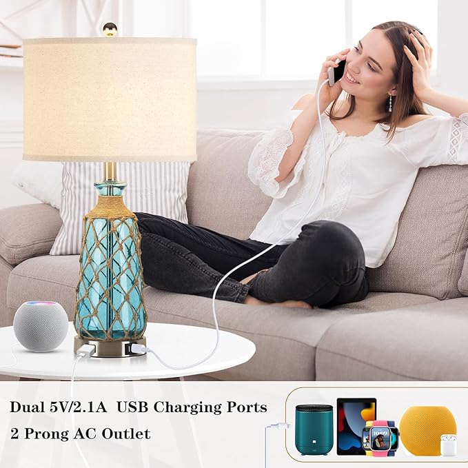 Coastal Glass Table Lamps, 3-Way Dimmable Touch Control Bedside Lamps with 2 USB Ports and AC Outlet, Teal Nautical Nightstand Lamps for Bedroom Living Room (LED Bulbs Included)