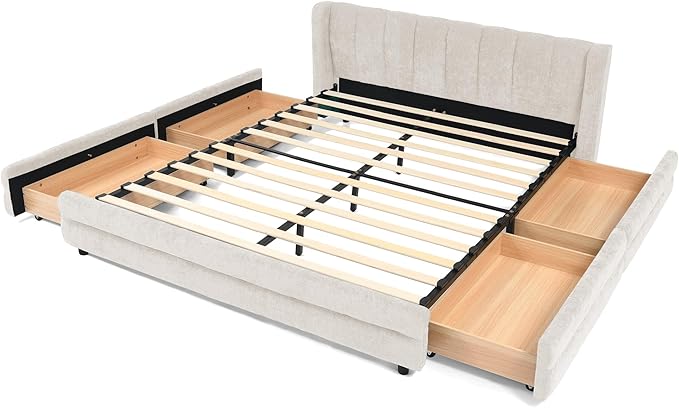 DEINPPA Queen Size Bed Frame with 4 Storage Drawers and Cloud Soft Headboard, Chenille Upholstered Grounded Wood Base Bed Frame, No Box Spring Needed-Beige