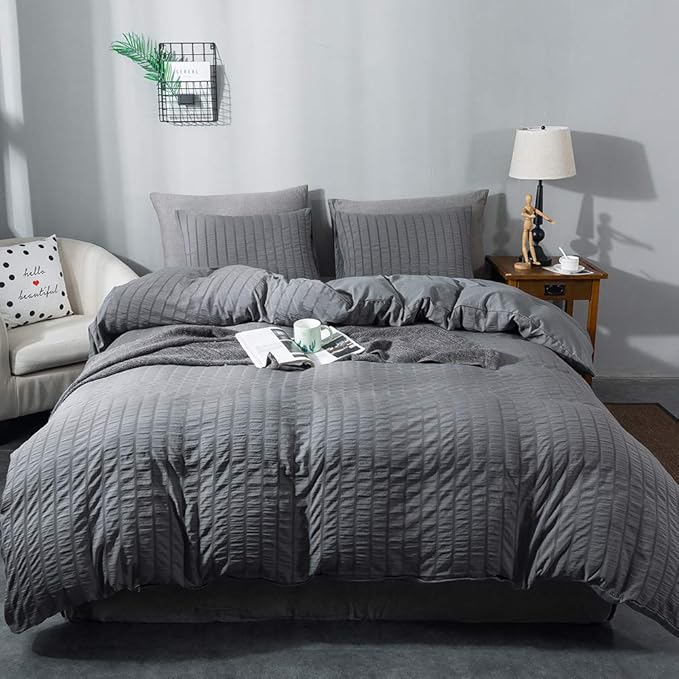 AveLom Dark Gray Duvet Cover Twin Size (68 x 90 inches)，2 Pieces (1 Duvet Cover, 1 Pillow Case) Stripe Textured Soft Washed Microfiber Grey Duvet Cover with Zipper Closure Corner Ties