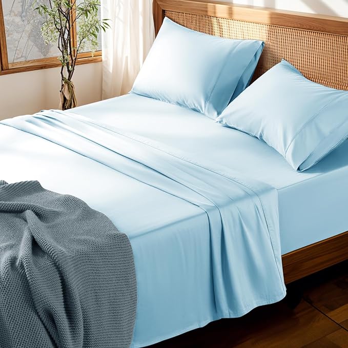 LBRO2M 100% Cotton Sheets Set Deep Pocket 19", 1000 Thread Count Queen Size 4 Piece Bed Sheet Sets Soft Comfortable Bedding All Season (Queen, Light Blue)