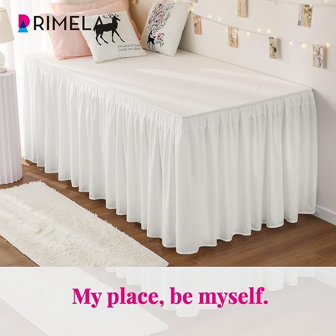 RIMELA Dorm Bed Skirt Twin XL 36 Inch Drop, Easy to Install Extra Long Wrap Around Elastic Dust Ruffle, Warm White Bedskirt Solid Silky Fabric Machine Washable (Twin XL 80“L x 39”W & Twin 75“L x 39”W)