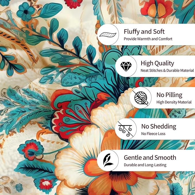Flowers Blanket Throw, Turquoise Orange Hues Leaves Throw Blanket for Women Men, Soft Lightweight Flannel Fabric, Washable No-Pilling, 40x50 inches