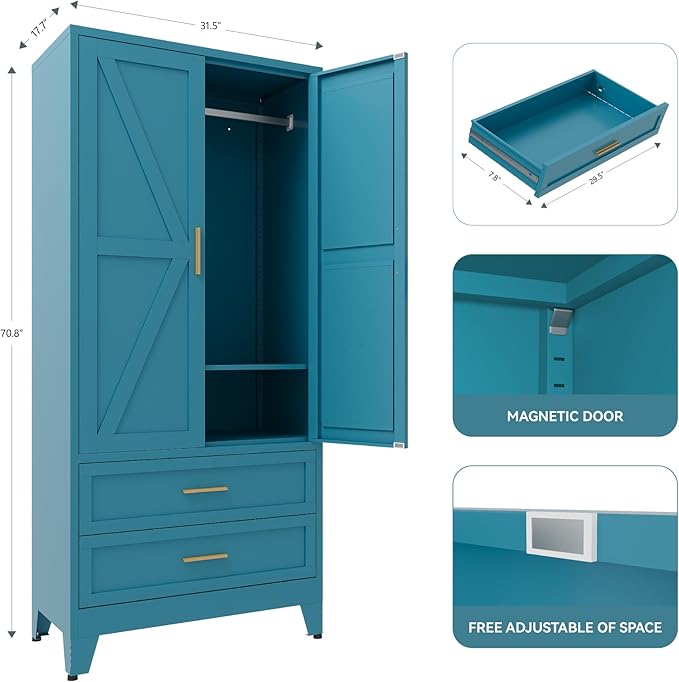 Metal Armoire Wardrobe Closet,71" Tall Blue Storage Cabinet with Hanging Rod,2 Drawers & Adjustable Shelves,Heavy-Duty Steel Wardrobe for Bedroom, Garage, and Office