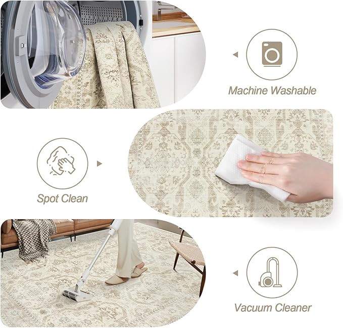Area Rugs 5x7, Washable Rug, Stain Resistant 5x7 Area Rugs for Living Room Bedroom Dining Room, Vintage Gray Farmhouse Rug Beige