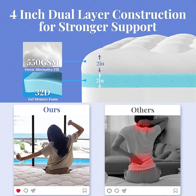 OhGeni Cooling 4 inch Dual Layer Twin Mattress Topper, 2 inch Cooling Gel Memory Foam, 2 inch Down Alternative Pillow Top Pad, Mattresses Cover for Bed, Medium Support, Fits 6”-19” Deep Pocket