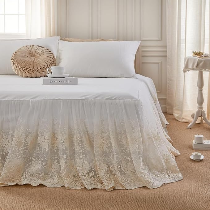 Brandream Luxury Cream White Lace Bed Skirt King Size 18 Inch Drop Split Corners Romantic Bed Cover Romantic Dust Ruffle Bed Skirts