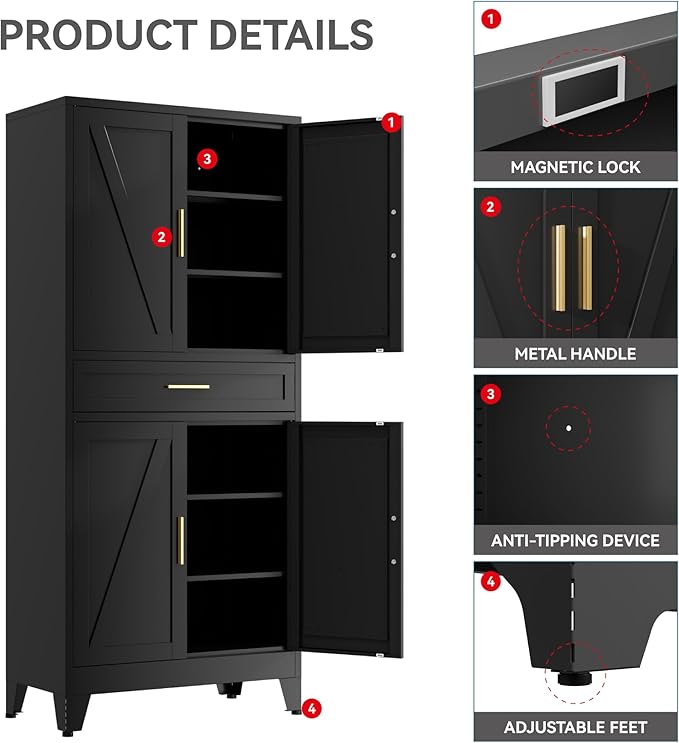 71" Tall Farmhouse Pantry Cabinet,Metal Cabinets with Doors and Shelves,Storage Cabinet for Kitchen, Garage,Black