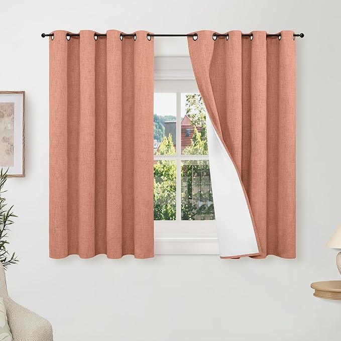 Terracotta Linen Blackout Curtains 54 Inch Long 2 Panels for Bedroom, Thermal Insulated Total Light Blocking Noise Reducing Window Curtains for Farmhouse Living Room, Each 52x54 Inch 2 Panels