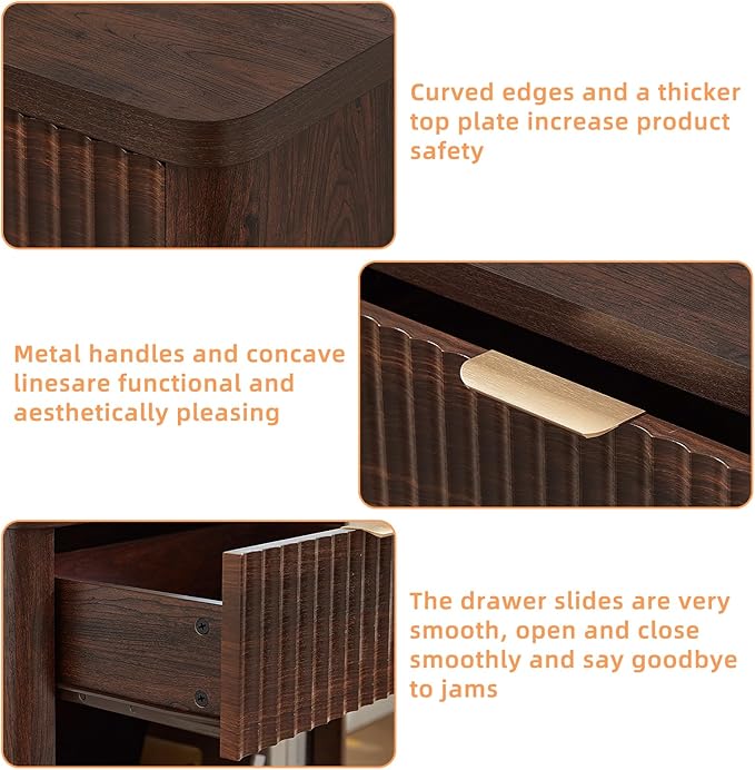 LEYAOYAO Fluted Nightstand with Charging Station, 23" Wide 1 Drawers Night Stand,Walnut End Table with Open Storage,Farmhouse Bed Side Tables, Wood Dresser for Bedroom, Living Room, Closet