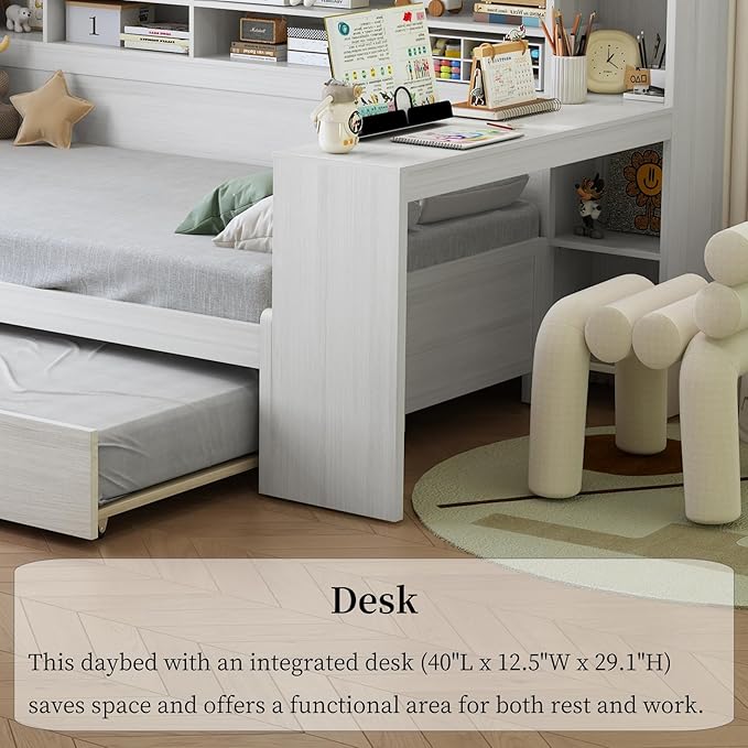 Merax Twin Size Corner Daybed Bed Frames with Desk and Trundle & Storage Shelves Headboard, Pinewood U-Shaped Captain Daybed Bed Frames for Small Room, Bedroom, Guest Room, Kids' Room, White