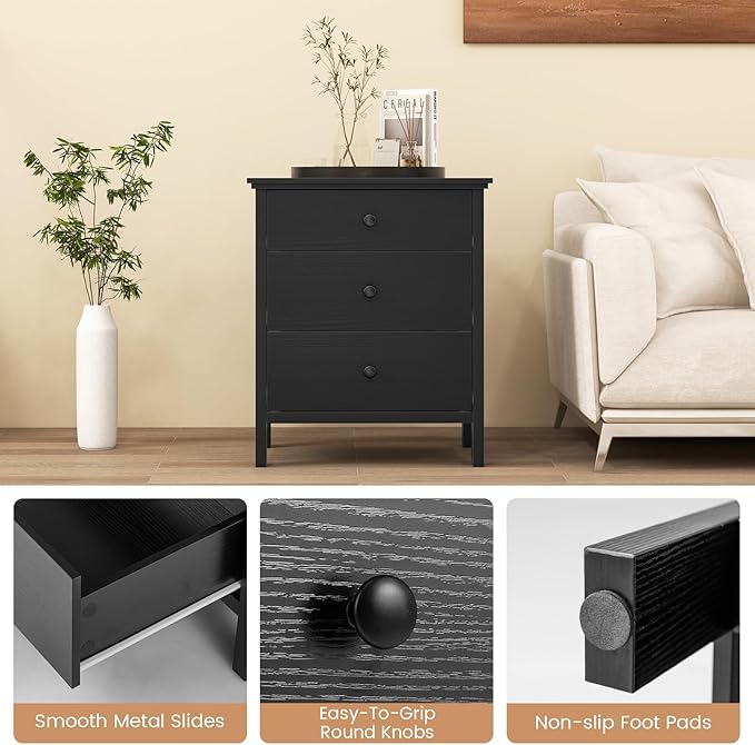 Giantex Nightstand with 3 Drawers, Wooden Side End Table with Solid Wood Legs, Retro 3-Drawer Bedside Table Night Stand for Bedroom Home Office Small Space, Easy Assembly, Black