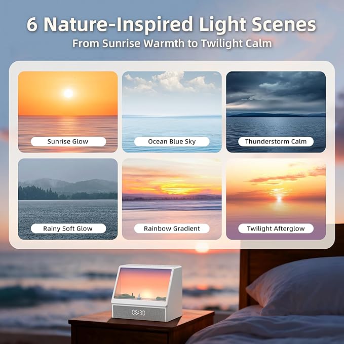 Ocean Sunrise Alarm Clock Wake Up Light, 6 Nature Scenes, White Noise, Sunset Simulation, Sleep Aid Night Light for Bedroom, Kids and Adults