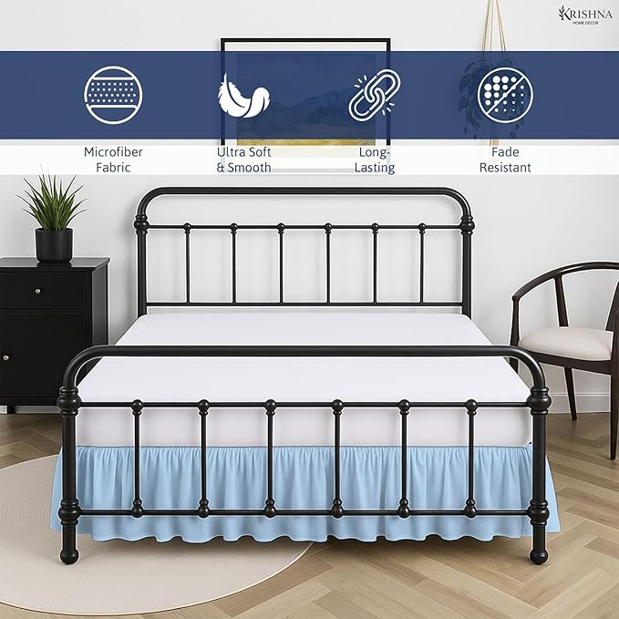 KRISHNA Ruffled Bed Skirt with Split Corners Full, 100% Microfiber Hotel Quality, 21 Inch Drop Dust Ruffle Gathered Bedskirt with Platform, 54" x 75", Light Blue