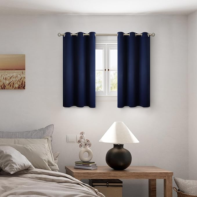 BGment Short 100% Blackout Curtains for Bedroom, Thermal Insulated Energy Efficiency Noise Reducing Grommet Curtains 54 Inch Length with Liner for Small Window 2 Panels Each 42 Inch Wide, Navy Blue