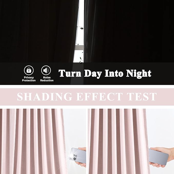 Vision Home Pink Linen Full Blackout Curtains for Bedroom Living Room Darkening Soundproof Window Curtains 102 inch Thermal Insulated Rod Pocket Back Tab Linen Drapes 2 Panels 56" Wx102 L