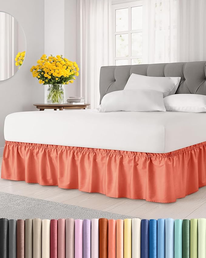 Wrap Around Dust Ruffle Bed Skirt - Coral - for Queen Size Beds with 24 Inch Drop - Easy Fit Elastic Strap - Adjustable Pleated Bedskirt w/Brushed Fabric - Wrinkle Free - for Women, Men, Kids & Teens