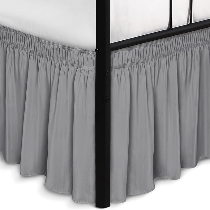 Biscaynebay Wrap Around Bed Skirts with Split Corners for Queen Beds 15" Drop, Silver Grey Adjustable Elastic Dust Ruffles Easy Fit Wrinkle Resistant Silky Luxurious Fabric Machine Washable