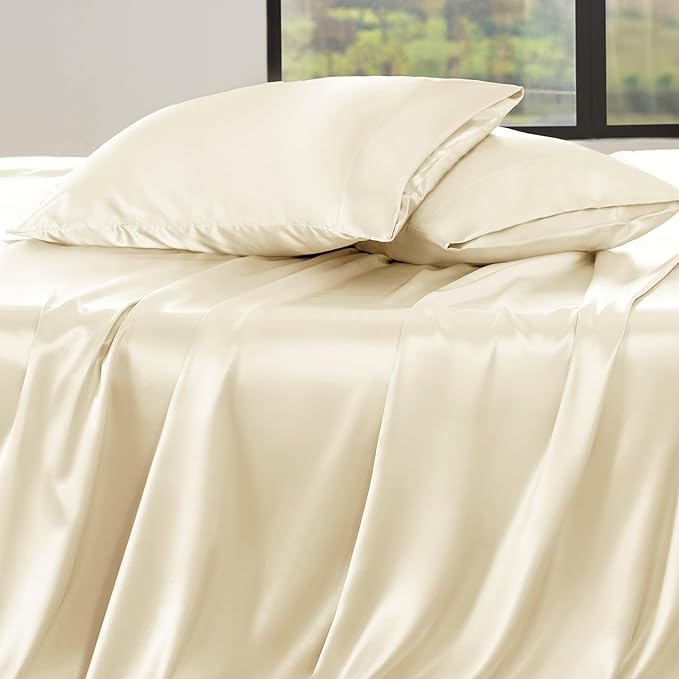 Bedsure Satin Sheets King Size - 4 Piece Silky Bedsheets with 15 Inches Deep Pocket Fitted Bedsheet,1 Flat Sheet, 2 Satin Pillowcases, Good for Hair & Skin (King, Cream)