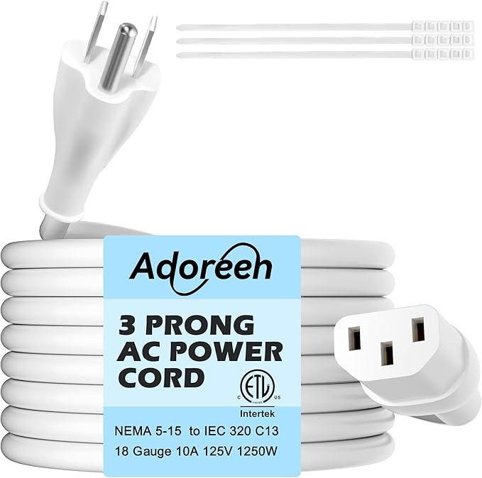 Adoreen 10 Ft Computer TV Replacement Power Cord White, 18AWG 3-Prong AC Universal Power Supply Cable NEMA 5-15P to IEC 320 C13 for Printer, PC, Monitor TV LCD, ETL+Ties