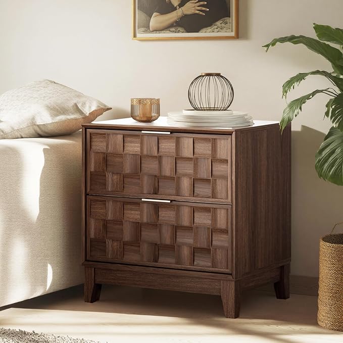 COLAMY Night Stand Set of 2, Nightstand with Charging Station, 22" Modern Bed Side Table with 2 Storage Drawers and Chessboard Relieffor Bedroom, Dorm and Small Spaces - Walnut