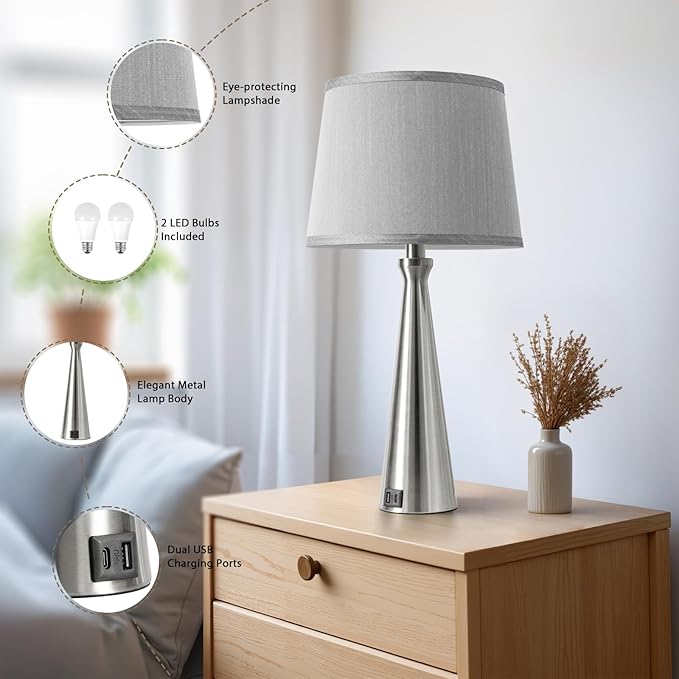 Seealle Modern Table Lamps Set of 2 - Touch Bedside Lamp for Nightstand with Dual USB C+A,3-Way Dimmable Silver Nightstand Lamps for Living Room Bedroom End Table with Grey Shade(Bulb Included)