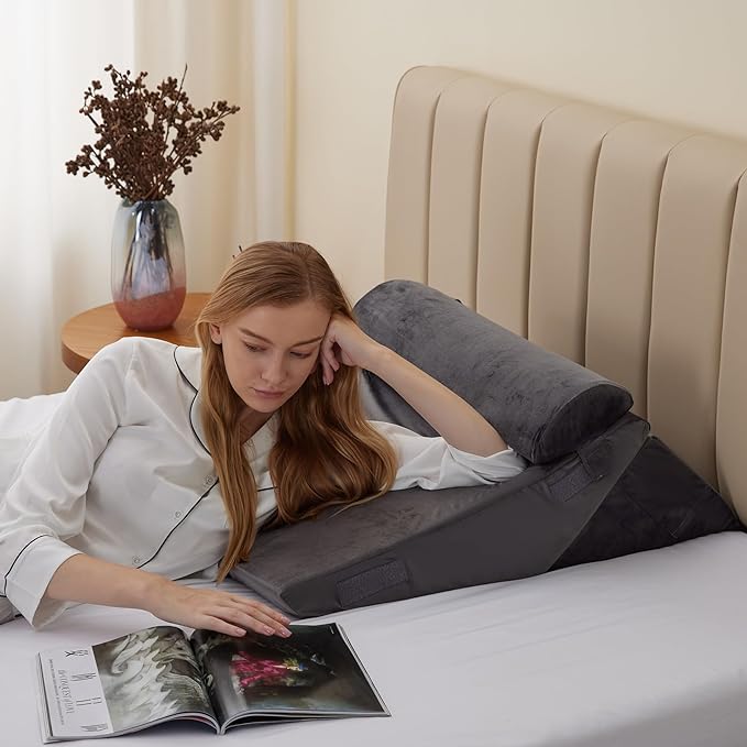 Bedluxe 3Pcs Orthopedic Bed Wedge Pillow Set, Foam Wedge Pillow Post Surgery for Back, Leg and Knee Support, Adjustable 9&12 Inch Folding Triangle Pillow for Sleeping, Acid Reflux, Snoring, Velvet