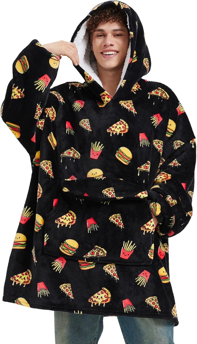 Wearable Blanket Hoodie for Adult,Oversized Sherpa Fleece Blanket Hoodie for Women Men,Hamburger Pizza