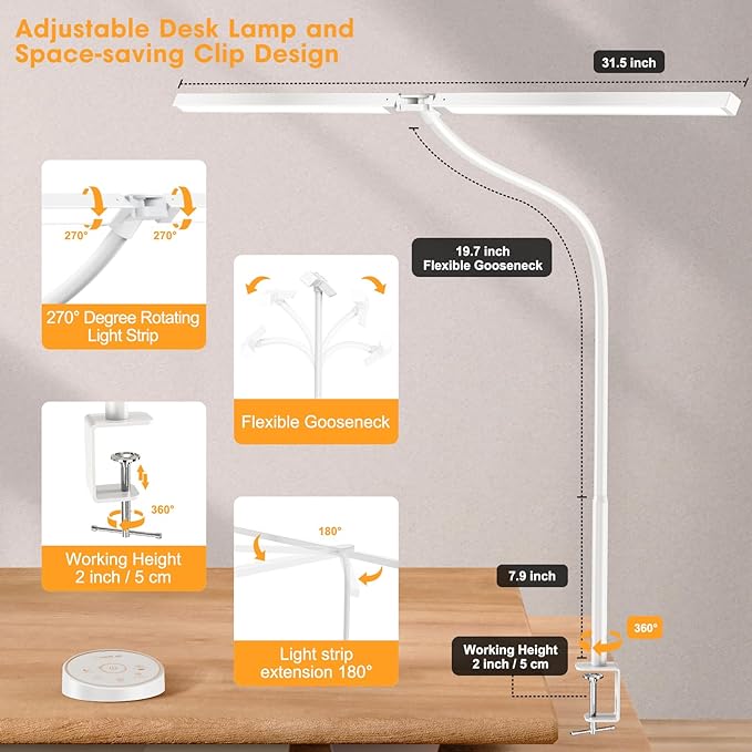 Led Desk Lamp for Office Home - Eye Caring Architect lamp with Clamp,Dual Screen Computer Monitor Work Smart Light: 24W 5 Color Flexible Adjustable Lighting Table Lamp for Study Drafting Beige