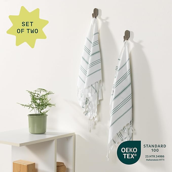 WETCAT Turkish Hand Towels with Hanging Loop, Set of 2 (20" x 30") 100% Turkish Cotton, Pre-Washed, Quick Drying, for Kitchen or Bathroom - Teal & White