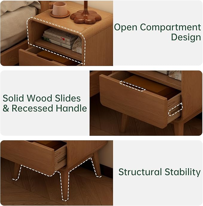100% Solid Wood Nightstand Set of 2, Small Night Stand with Drawer and Open Shelf, Natural Wood Nightstand, Mid Century Modern Night Stand, Wooden Bedside Table for Bedroom(20.47" H)