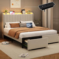 Queen Size Bed Frames with Storage Headboard and 2 Drawers, Upholstered Platform Bed Frame Queen with Led Lights and Handy Charging Station, No Box Spring Needed, Easy Assembly, Noise Free, Beige