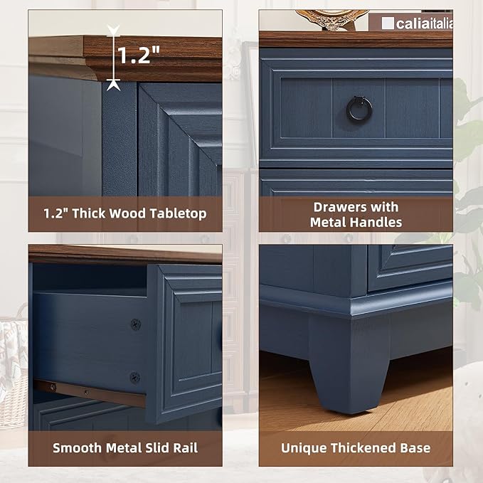 Farmhouse Chest of Drawers with Storage, 42" Tall Dresser for Bedroom, 5 Drawer Navy Blue Dresser with Metal Handle, Organizer Closet for Living Room, Hallway, Entryway
