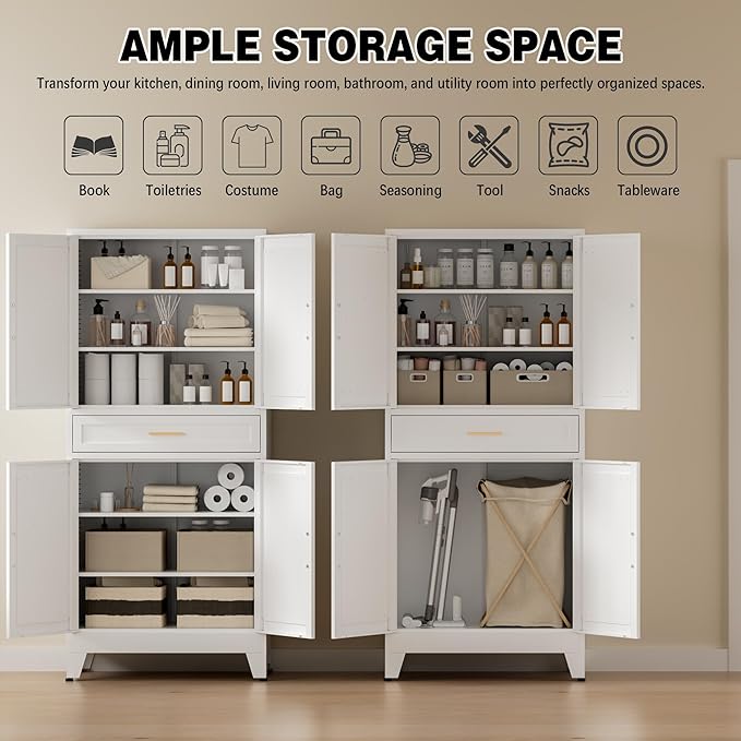 COFaR 71" Tall Kitchen Pantry, Farmhouse Storage Cabinet with Doors and Shelves, Metal Cabinet with Drawers and Legs, for Cupboard/Dining Room/Bathroom/Living Room/Office/Laundry Room (White).