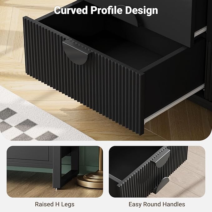 LGHM Fluted Dresser for Bedroom with 8 Drawers, Modern 8 Drawers Dressers with Semi-Cylindrical, Chest of Drawers Closet Organizers and Storage Clothes, 43" Tall Dresser with Bold Steel Frame, Black
