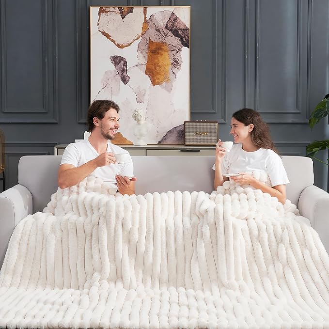 Cozy Bliss Faux Fur Throw Blanket for Couch, Cozy Warm Plush Striped Blanket for Sofa Bedroom Living Room, 108 * 90 Inches Cream White