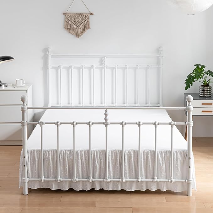 Tufted Dot Bed Skirt King Size Ruffled Bed Skirt with Split Corners, 14 Inch Drop Dust Ruffle Bed Skirts with Platform, White