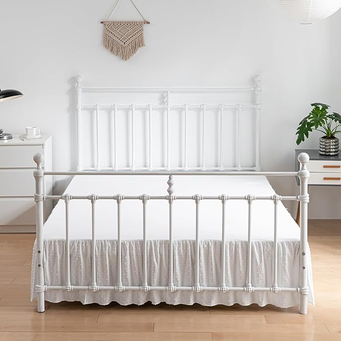 Tufted Dot Bed Skirt King Size Ruffled Bed Skirt with Split Corners, 16 Inch Drop Dust Ruffle Bed Skirts with Platform, White