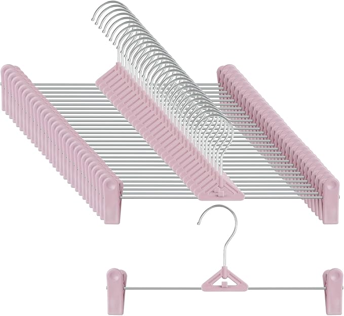 Skirt Hangers 30 Pack – NORTHERN BROTHERS Pink Pant Shorts Plastic Hangers with Clips for Women, Kids – Space Saving, Non Slip, Adjustable, Stackable