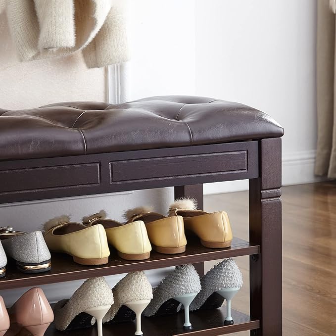 Shoe Storage Bench with Cushion, Entry Bench with Storage Solid Wood Shoe Bench Ideal for Entryway Living Room and Corridor (Brown, 31.5'')