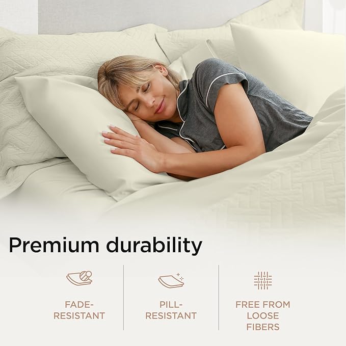 Threadmill 100% Supima Cotton Sheets, Premium 1200 Thread Count Cotton Sheets for King Size Bed, 4 Pc Ivory King Bed Sheets Set, 5-Star Hotel Quality with Elasticized Deep Pocket King Sheet