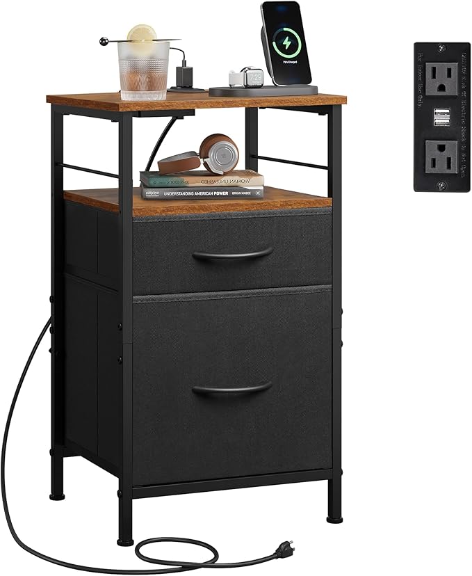 WLIVE Nightstand with Charging Station, Night Stand with 2 Fabric Drawers, Bedside Table, Small Dresser for Bedroom, Side Table with USB Ports and Outlets, Black and Rustic Brown