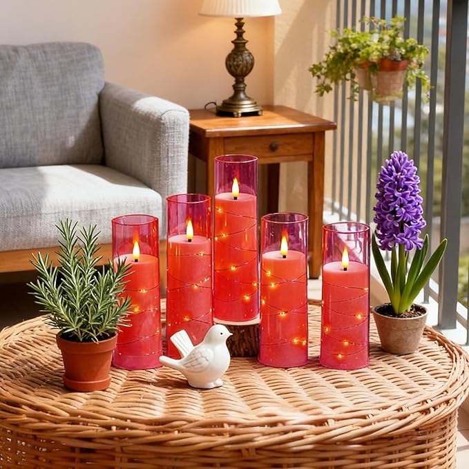 Flameless LED Candles with Timer 5 Pc Flickering Flameless Candles for Romantic Ambiance and Home Decoration Stable Acrylic Shell,with Embedded Star String，Battery Operated Candles(Pink)