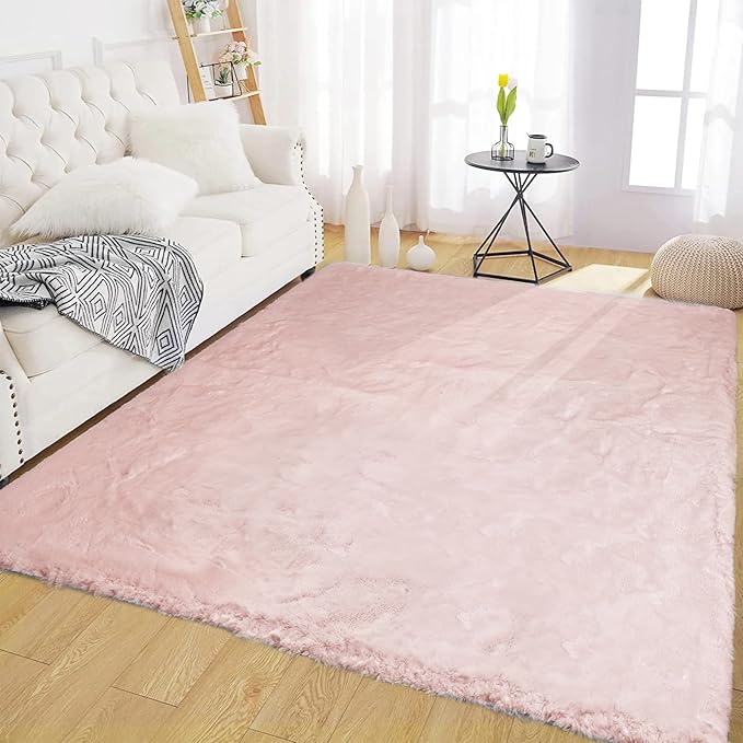 Latepis Light Pink Fluffy Rug 5x7 Washable Non-Slip Faux Rabbit Fur Fuzzy Shag Soft Rug for Living Room, Bedroom, Kids Room, Nursery and Dorm