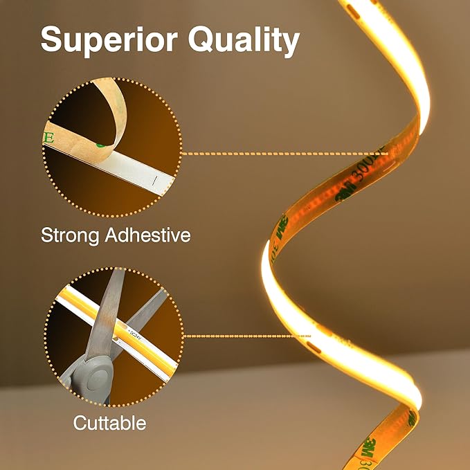 COB LED Strip Lights Warm White,24V Dimmable led Light Strip KIT with Remote and app Control,2700K 50FT/15m 8mm Wide Ra>90 Cuttable Flexible Strip Lights forBedroom,Wardrobe,Cabinet
