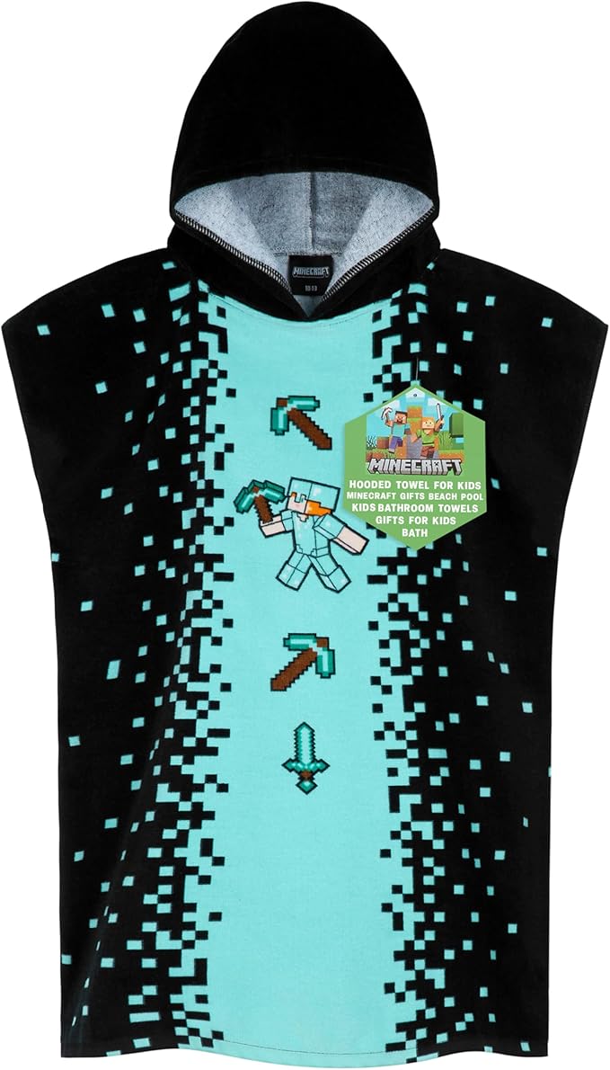 Minecraft Towelling Poncho Kids Teens Hooded Bath Towels Absorbent Beach Towel (Black/Blue, 6-9 Years)