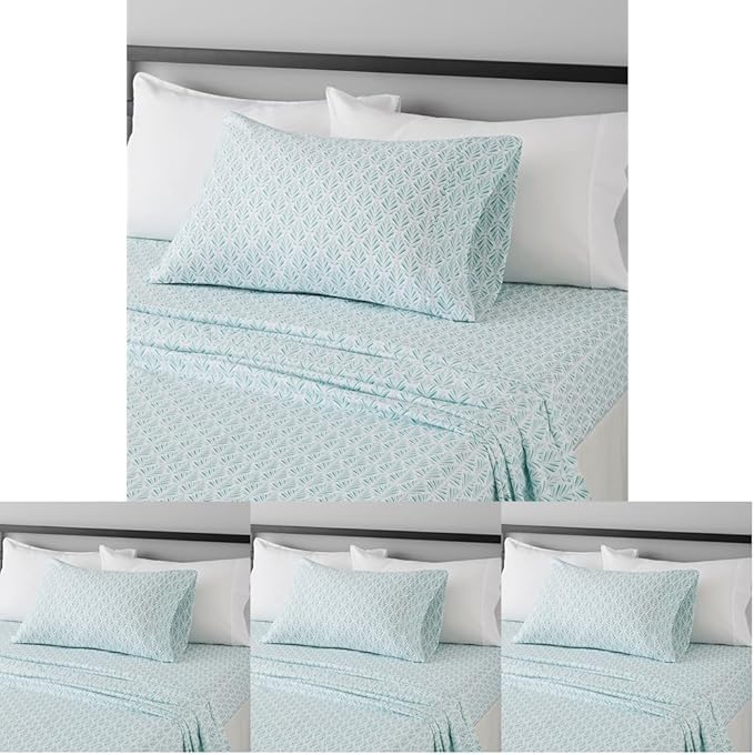 Amazon Basics Lightweight Super Soft Easy Care Wrinkle Free Microfiber 3 Piece Bed Sheet Set with 14-Inch Deep Pockets, Twin, Aqua Fern, Floral, Kids, Men & Women Bedding (Pack of 4)